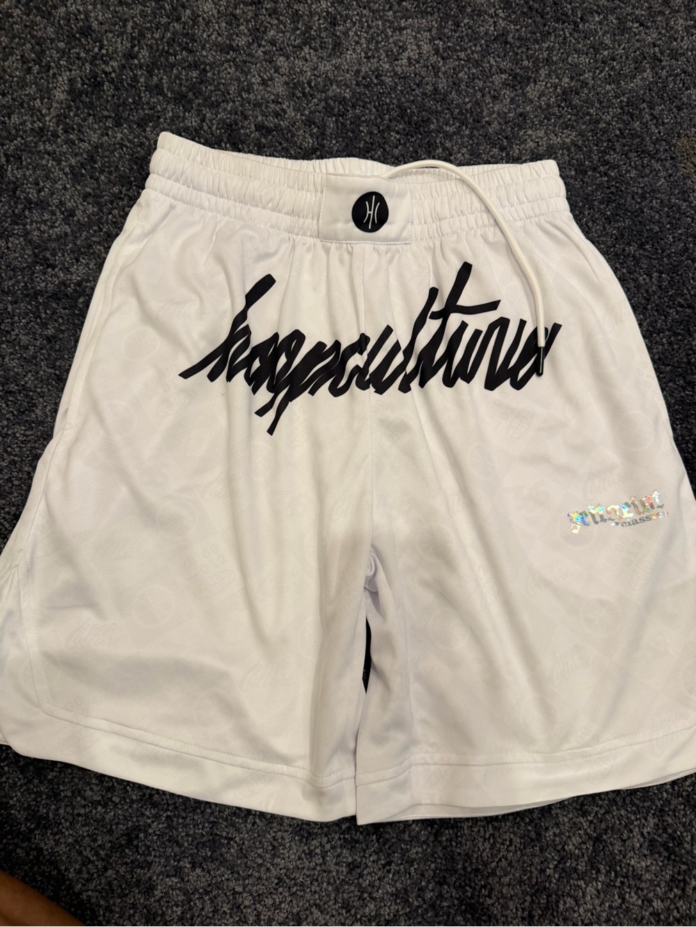White Graphic Athletic Shorts with Black Script